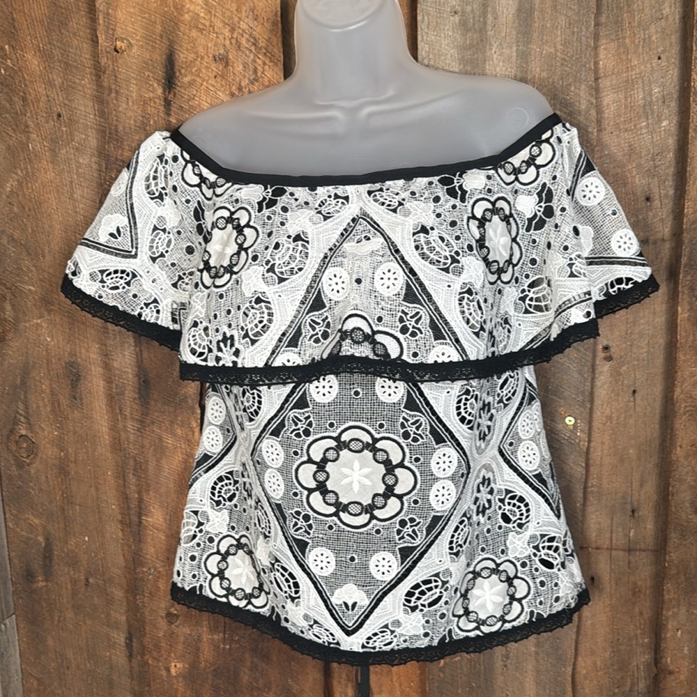 Alexis Black and White Off Shoulder Floral Lace Blouse